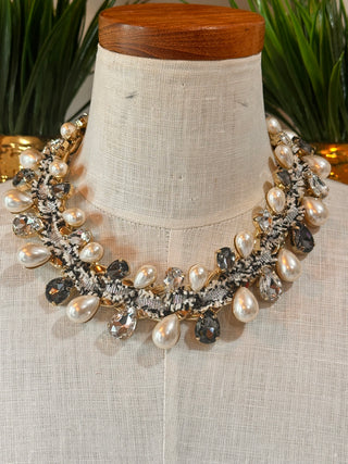 tweed pearl gem necklace