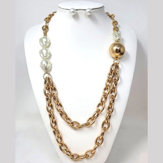 Long Gold Cream Pearls Necklace Set