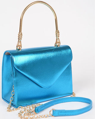 Metallic metal handle crossbody handbag