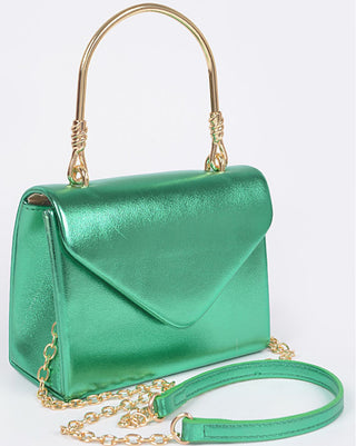 Metallic metal handle crossbody handbag