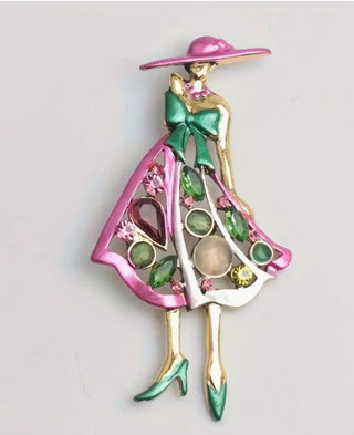 pink green lady brooch