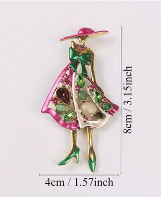 pink green lady brooch