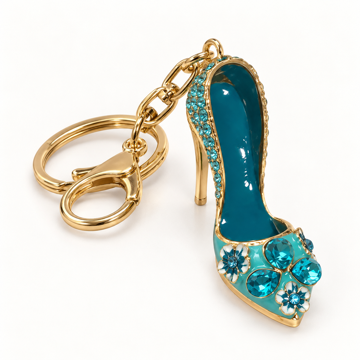 Blue jeweled high heel purse charm keychain, front view