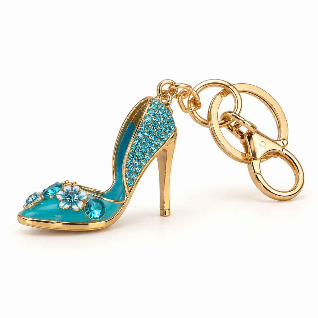 Blue jeweled high heel purse charm keychain, side view