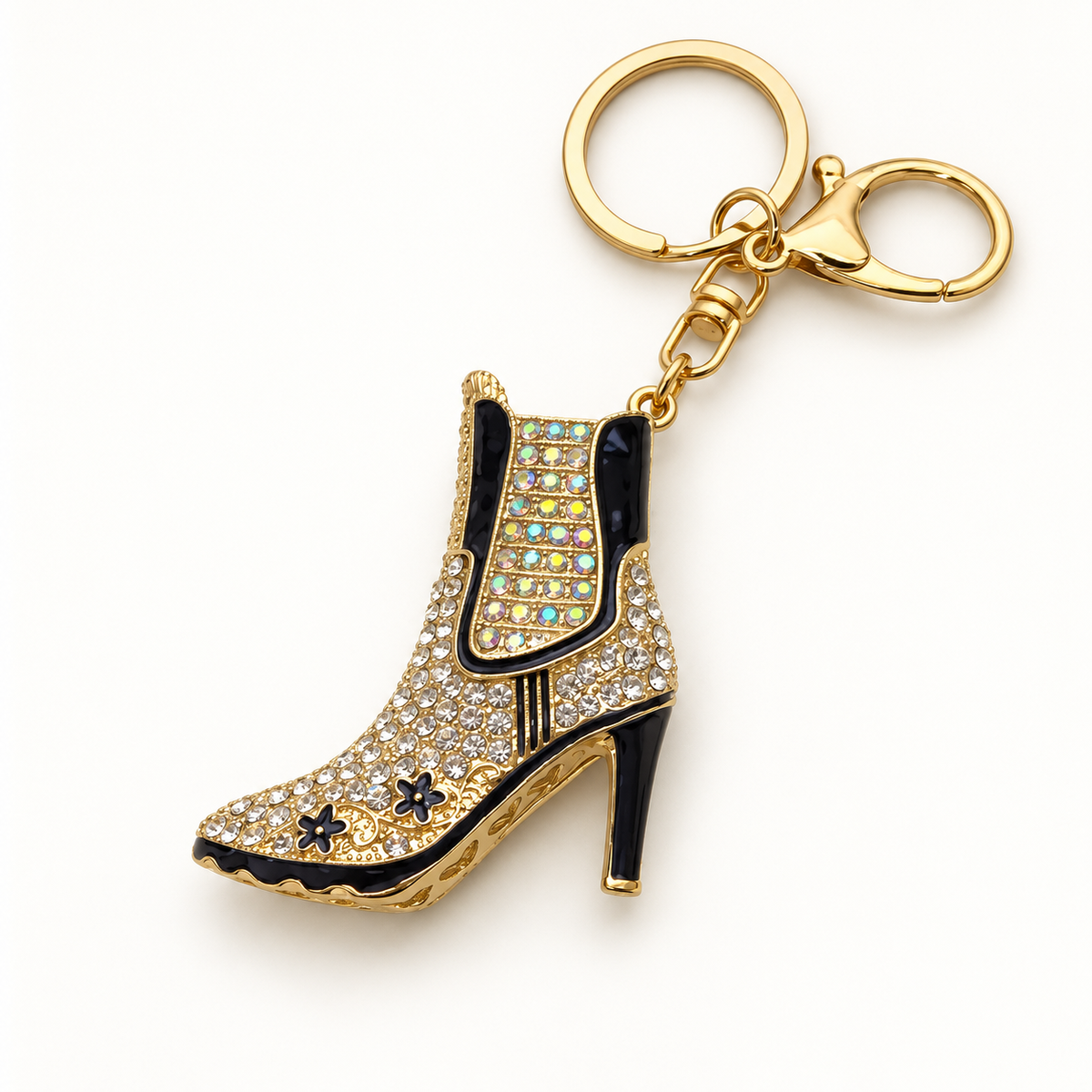 Boots on the Ground black and gold-tone rhinestone boot purse charm keychain