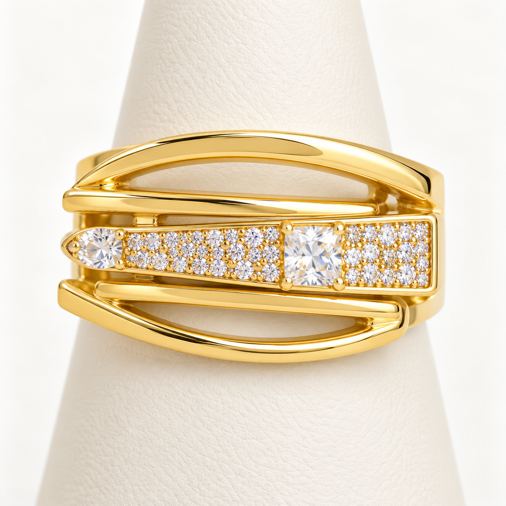 Gold-tone Crystal Sweep split-band ring with clear stones, front view