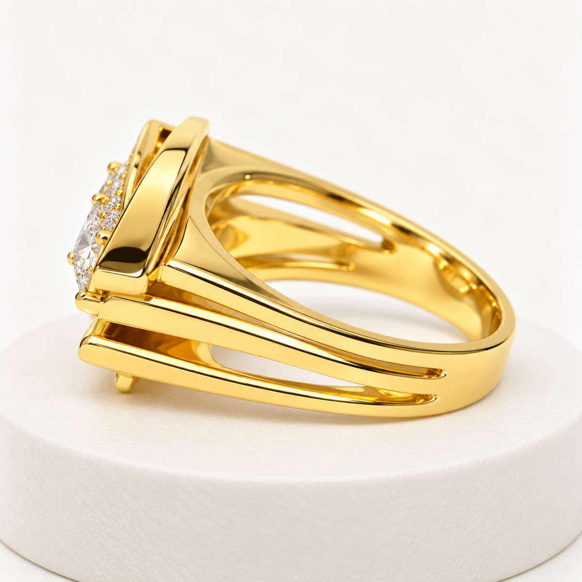 Gold-tone Crystal Sweep split-band ring with clear stones, side view