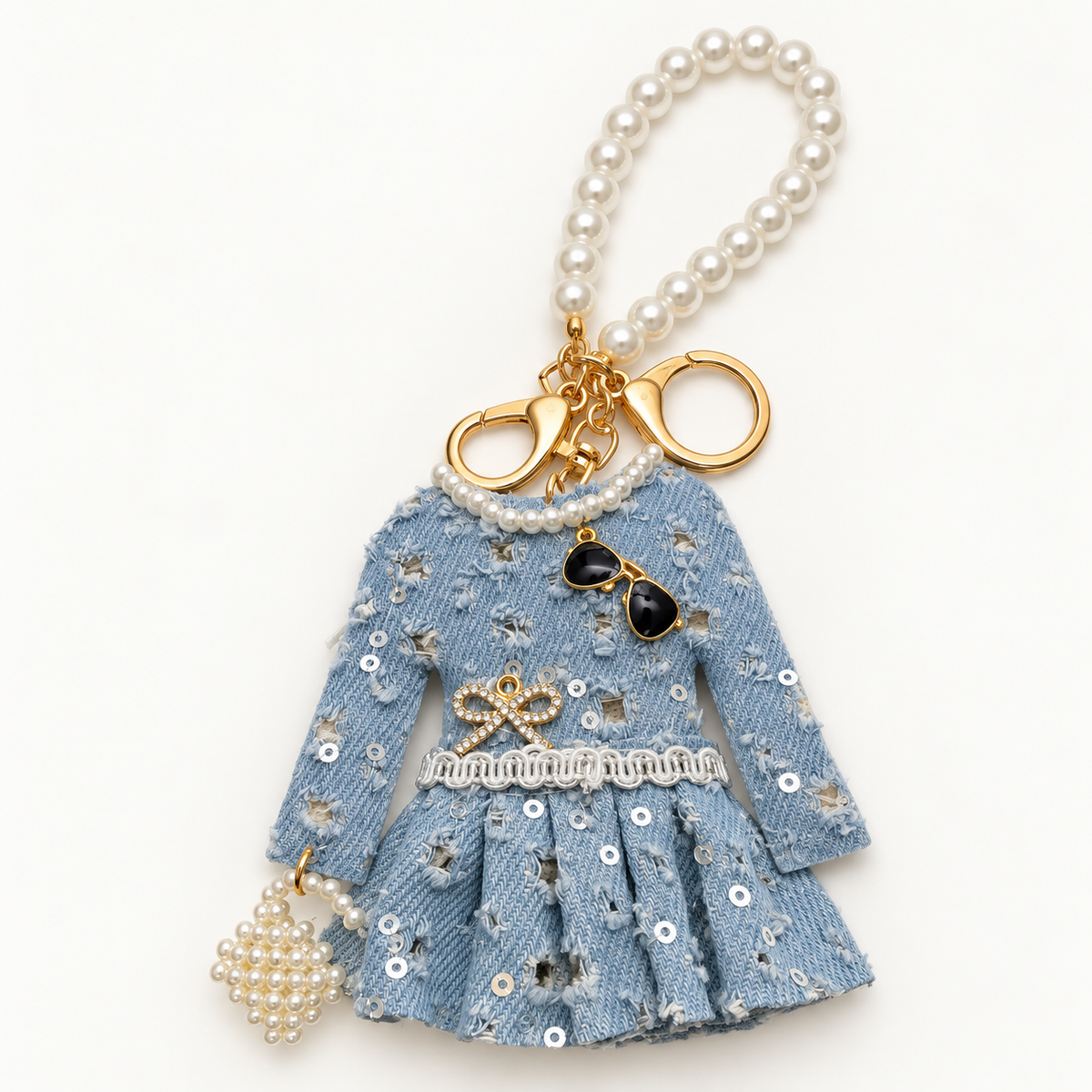 Denim dress purse charm and keychain with pearl-style loop, sunglasses and miniature handbag