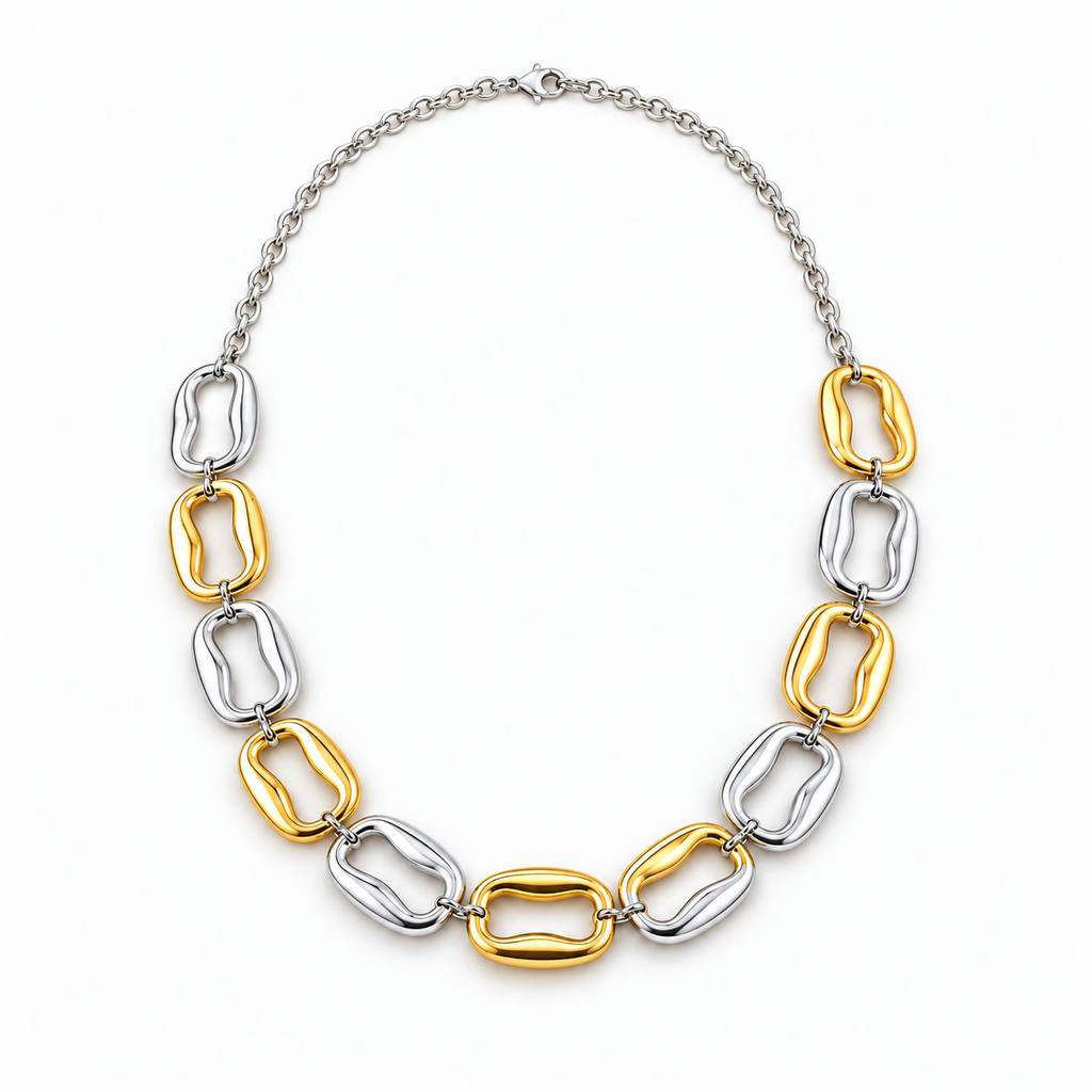 Complete gold-tone and silver-tone sculpted link necklace with clear square margins