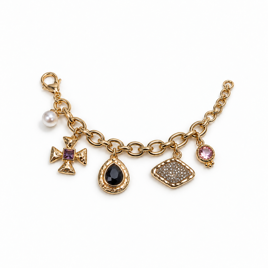 Golden Story charm bracelet flat view with sideways sparkling charm and lobster clasp