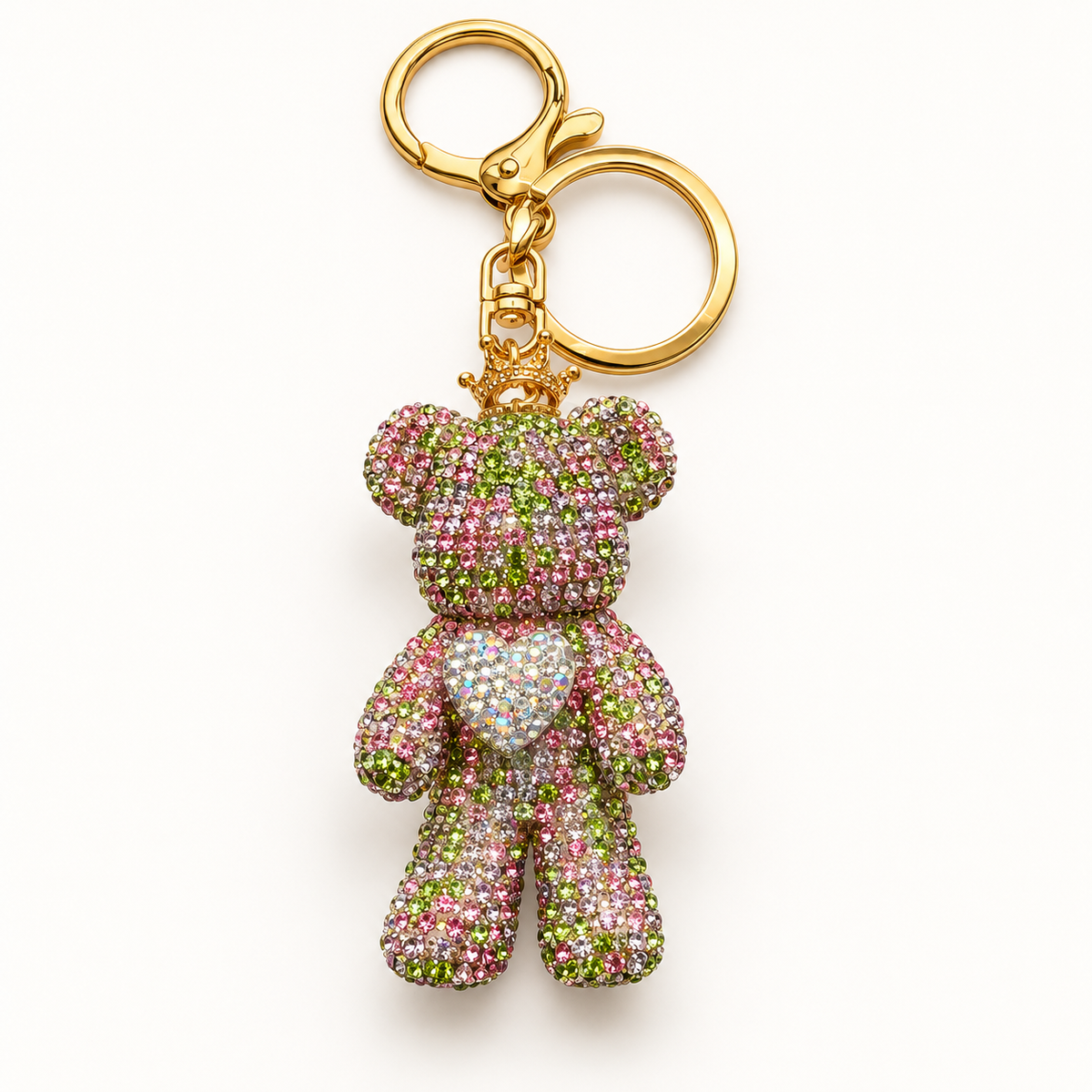 Pink and green rhinestone heart teddy bear purse charm keychain
