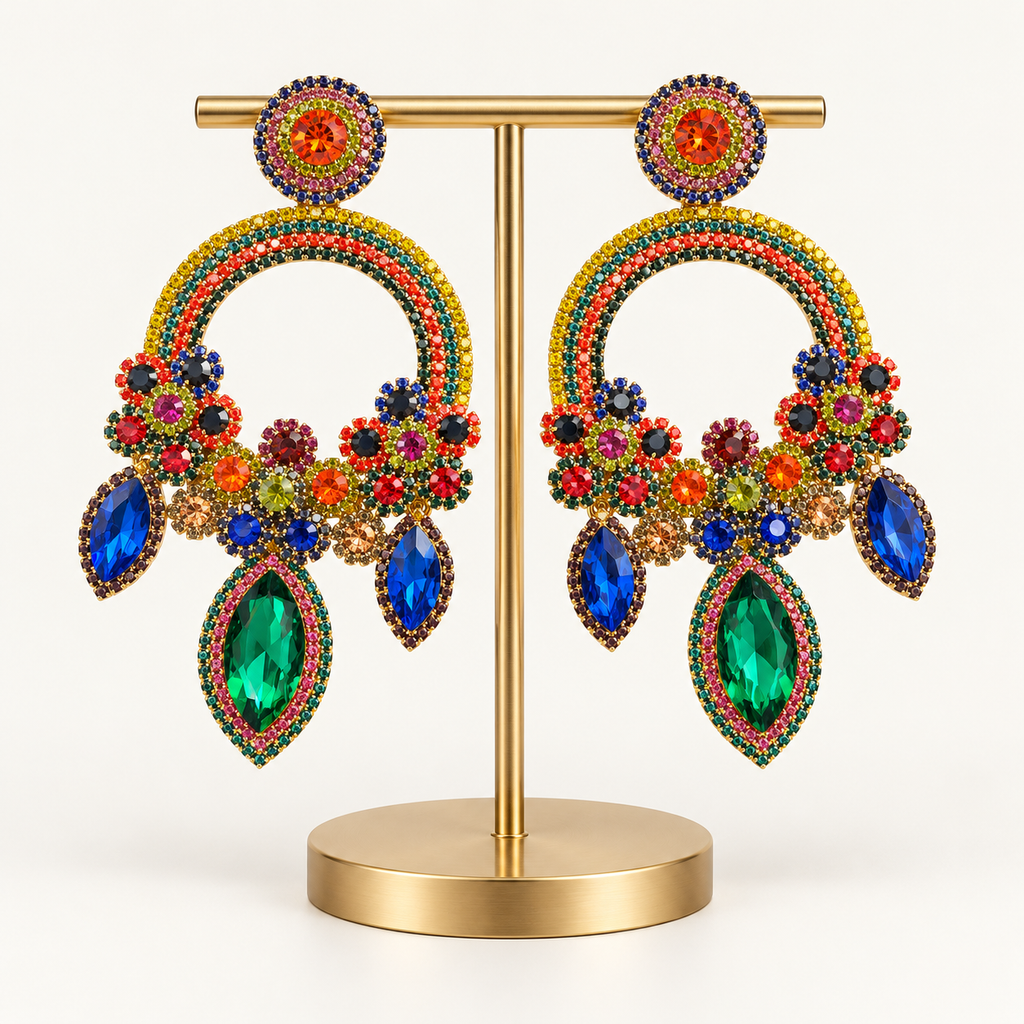 Multicolor chandelier earrings with blue and green drops on a gold earring stand