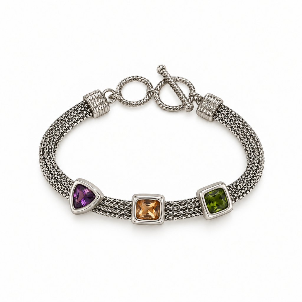 Jewel Trio Multicolor Mesh Bracelet laid flat on a white background