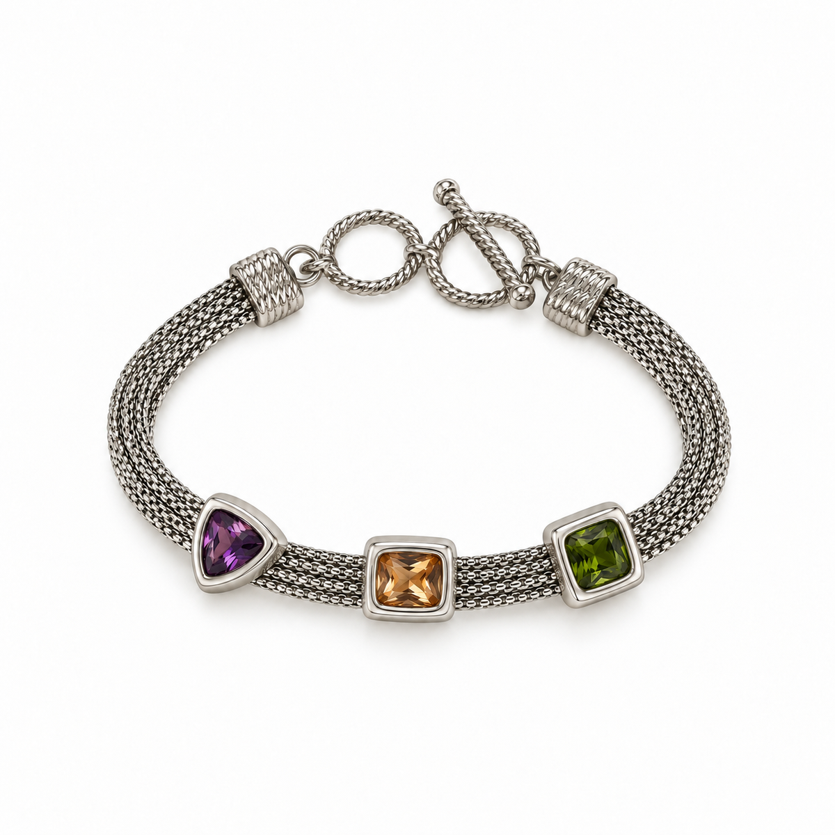 Jewel Trio Multicolor Mesh Bracelet laid flat on a white background