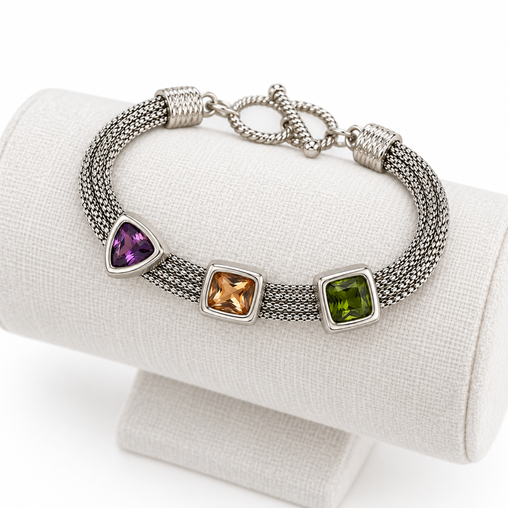 Jewel Trio Multicolor Mesh Bracelet on a light bracelet holder
