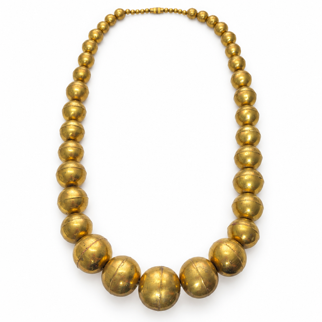 Large vintage brass ball necklace, flat view with screw-lock closure
