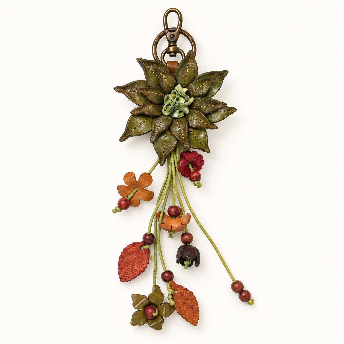 Green handcrafted leather flower beaded purse charm keychain