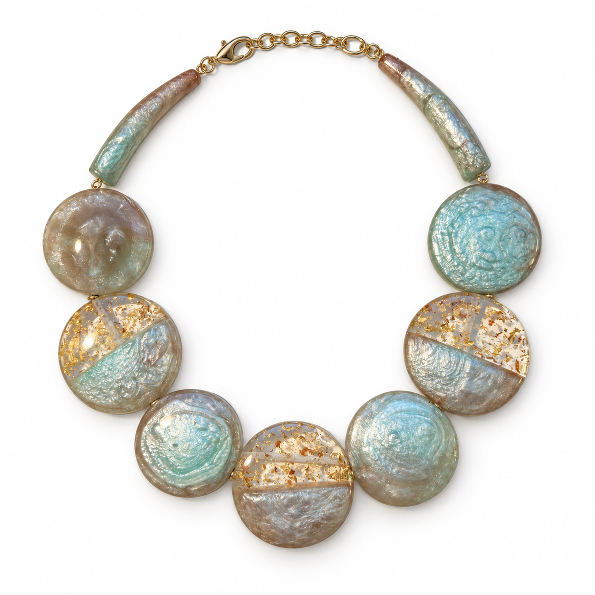 Mosaic Glow Disc Necklace in Aqua and Taupe laid flat