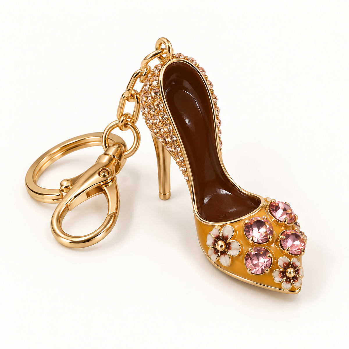 Mustard jeweled high heel purse charm keychain, front view