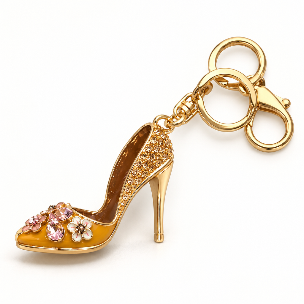 Mustard jeweled high heel purse charm keychain, side view