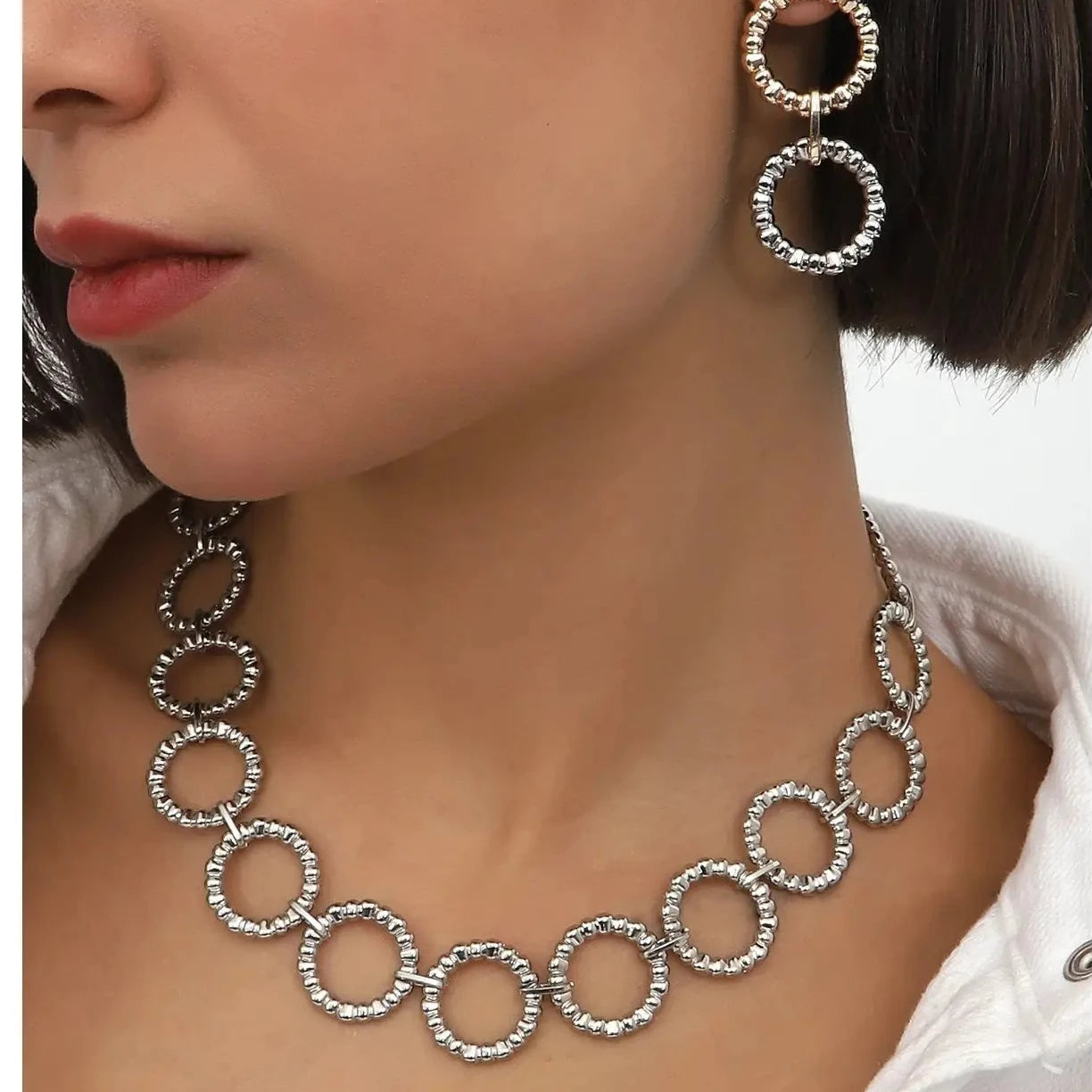 Silver Halo Chain Necklace & Earrings Set