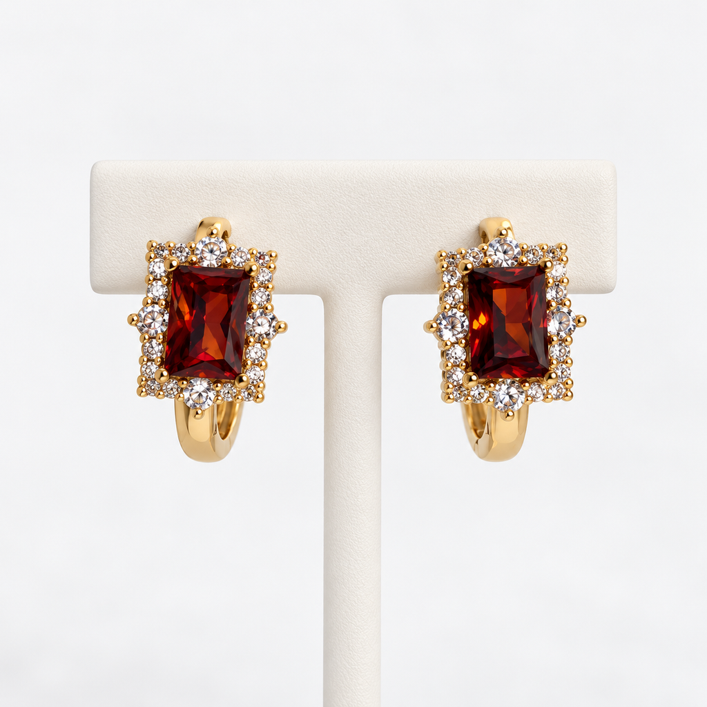 Amber rectangular halo gemstone huggie earrings on an earring holder