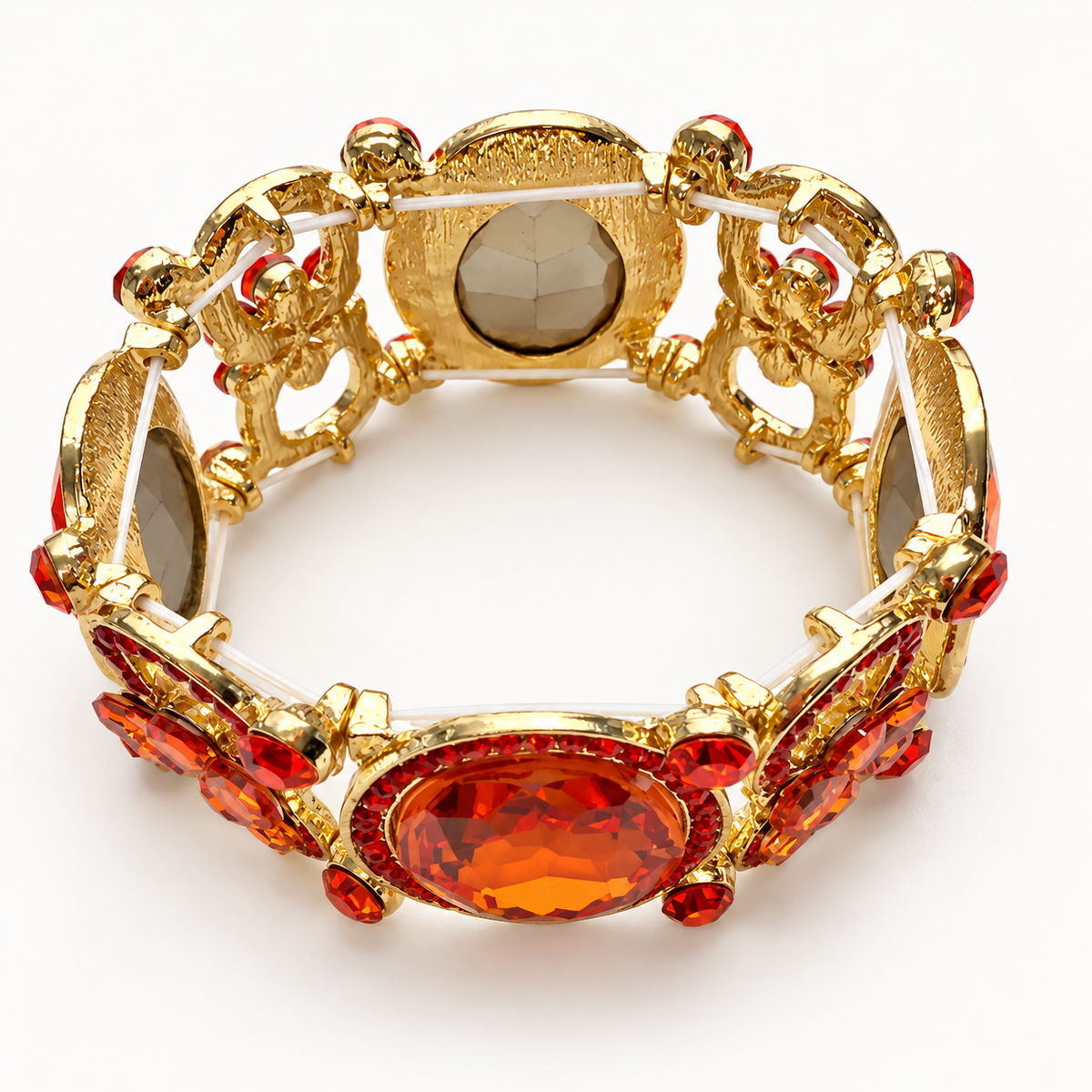 Orange crystal bracelet interior and stretch cords