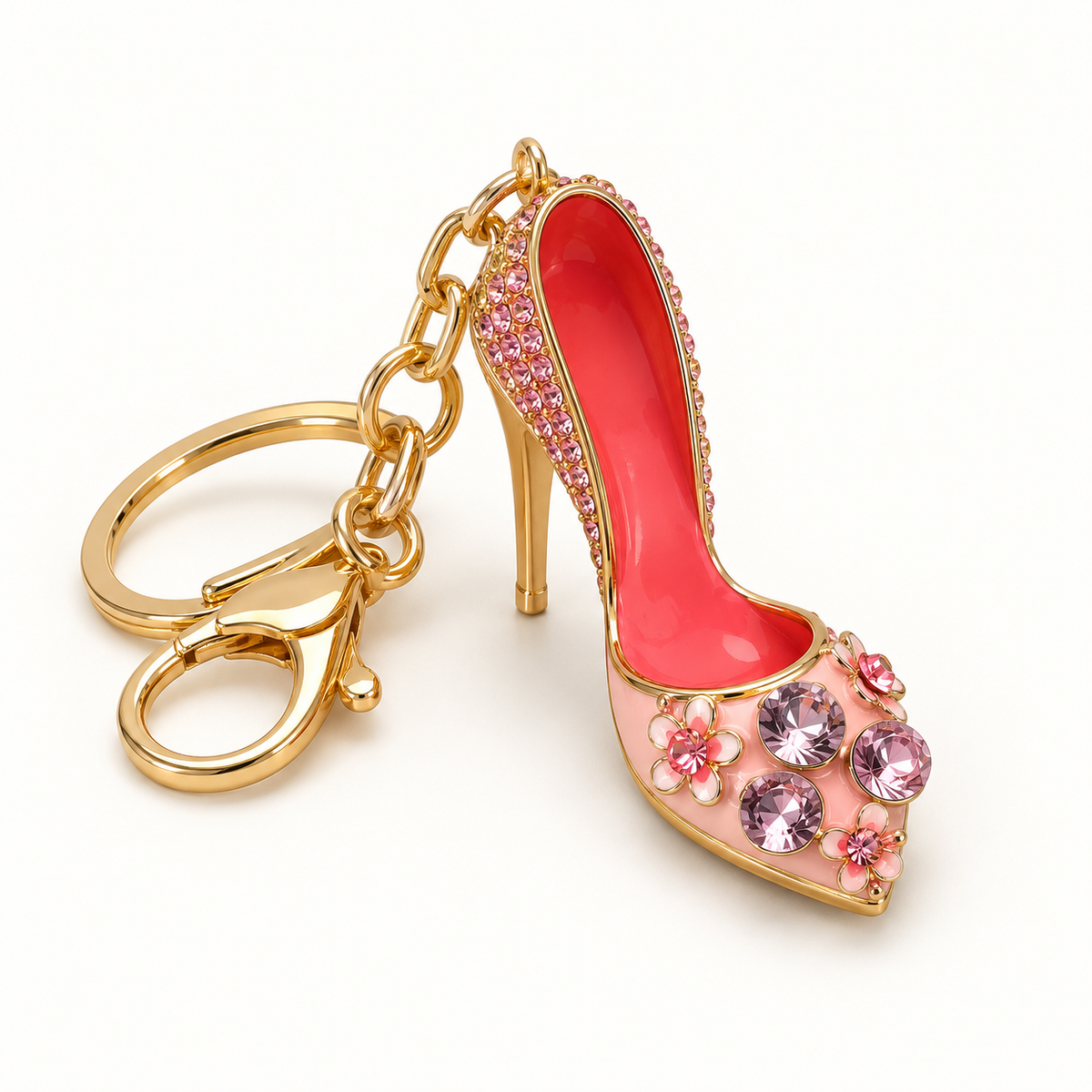 Pink jeweled high heel purse charm keychain, front view