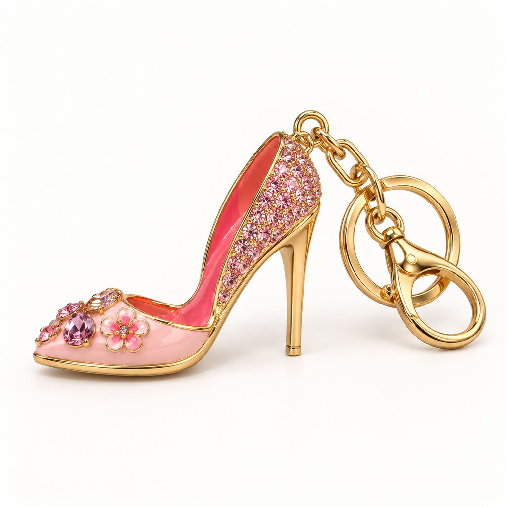 Pink jeweled high heel purse charm keychain, side view