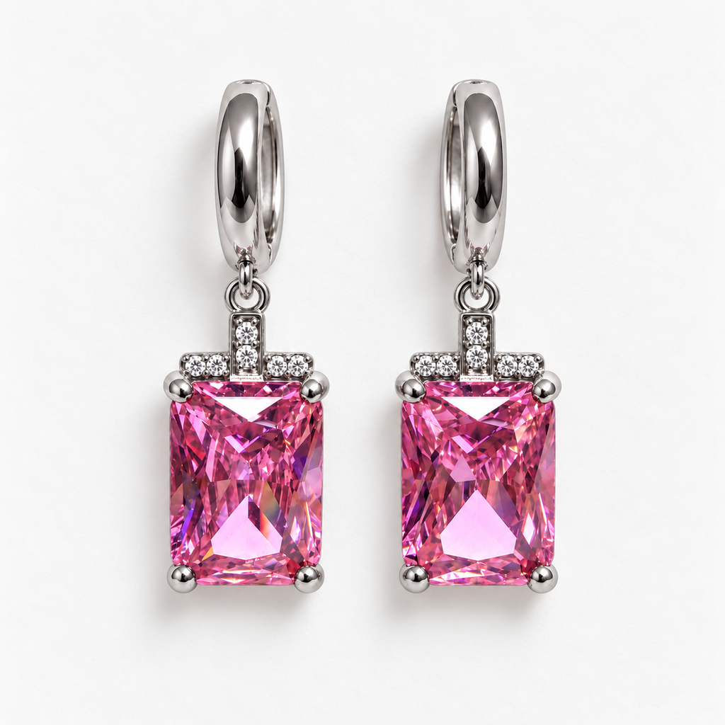 Silver and pink rectangular gemstone drop huggie earrings, flat view