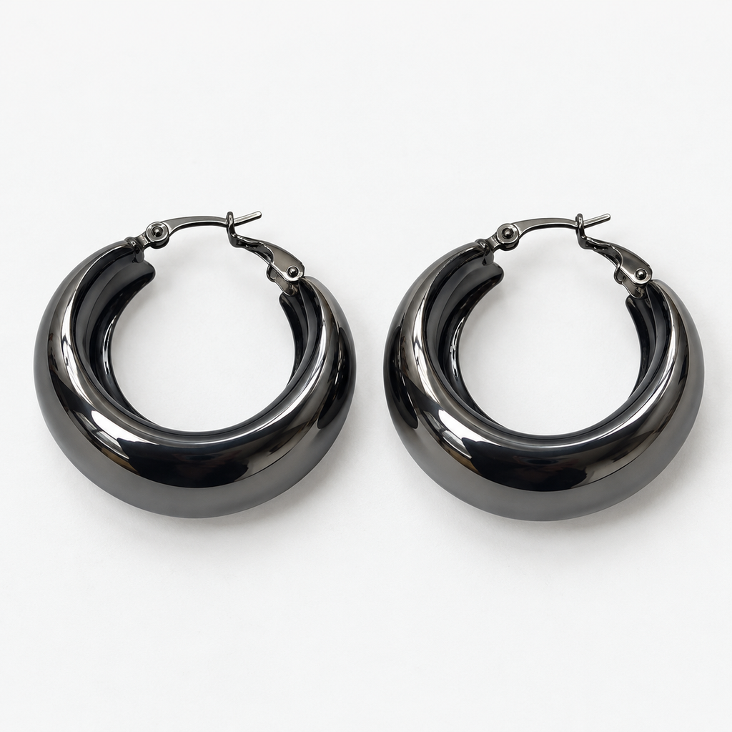 Front flat-lay view of dark gunmetal medium wide hoop earrings