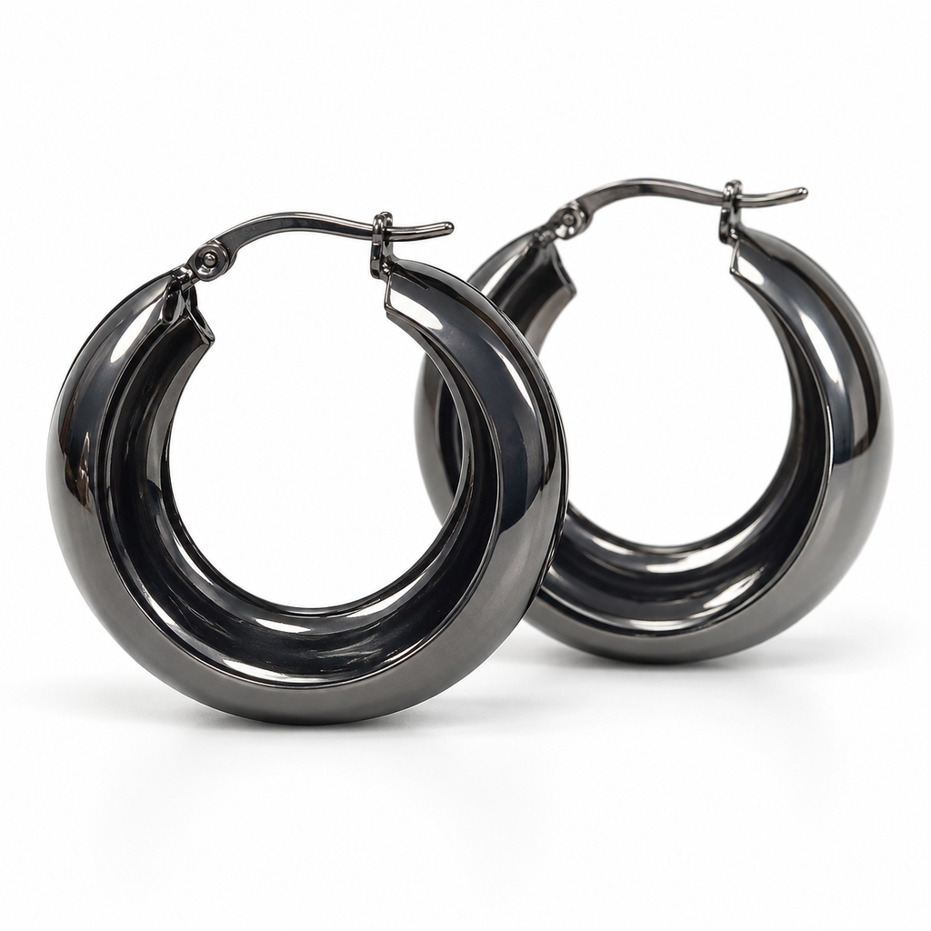 Side view of dark gunmetal medium wide hoop earrings