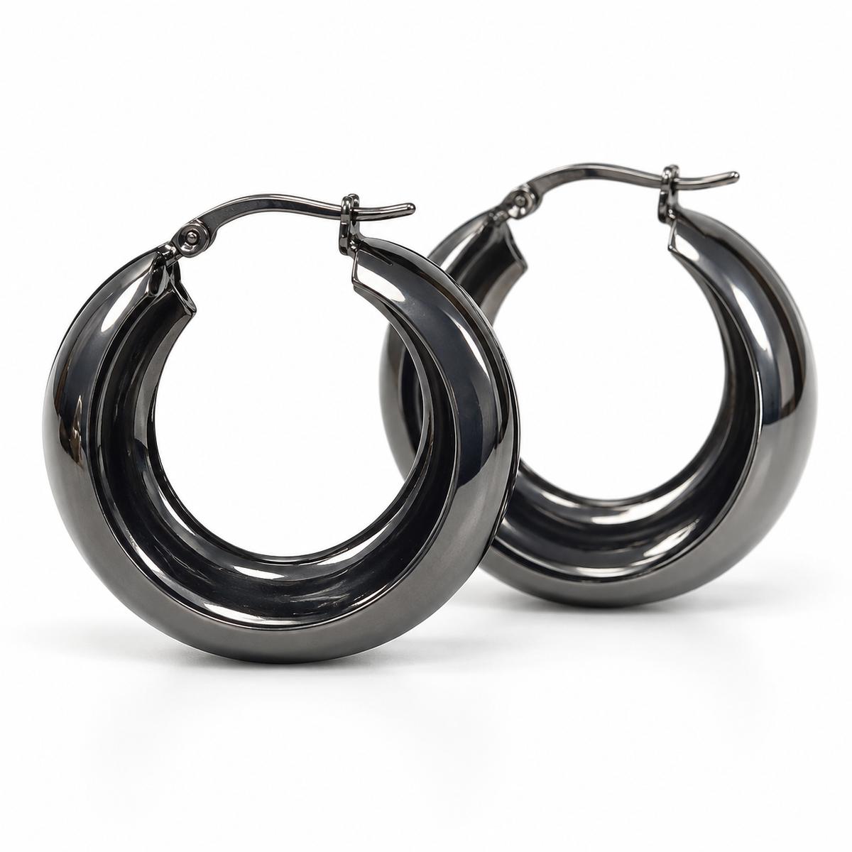 Side view of dark gunmetal medium wide hoop earrings