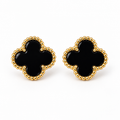 Pair of glossy black stainless steel clover stud earrings with gold-tone beaded borders