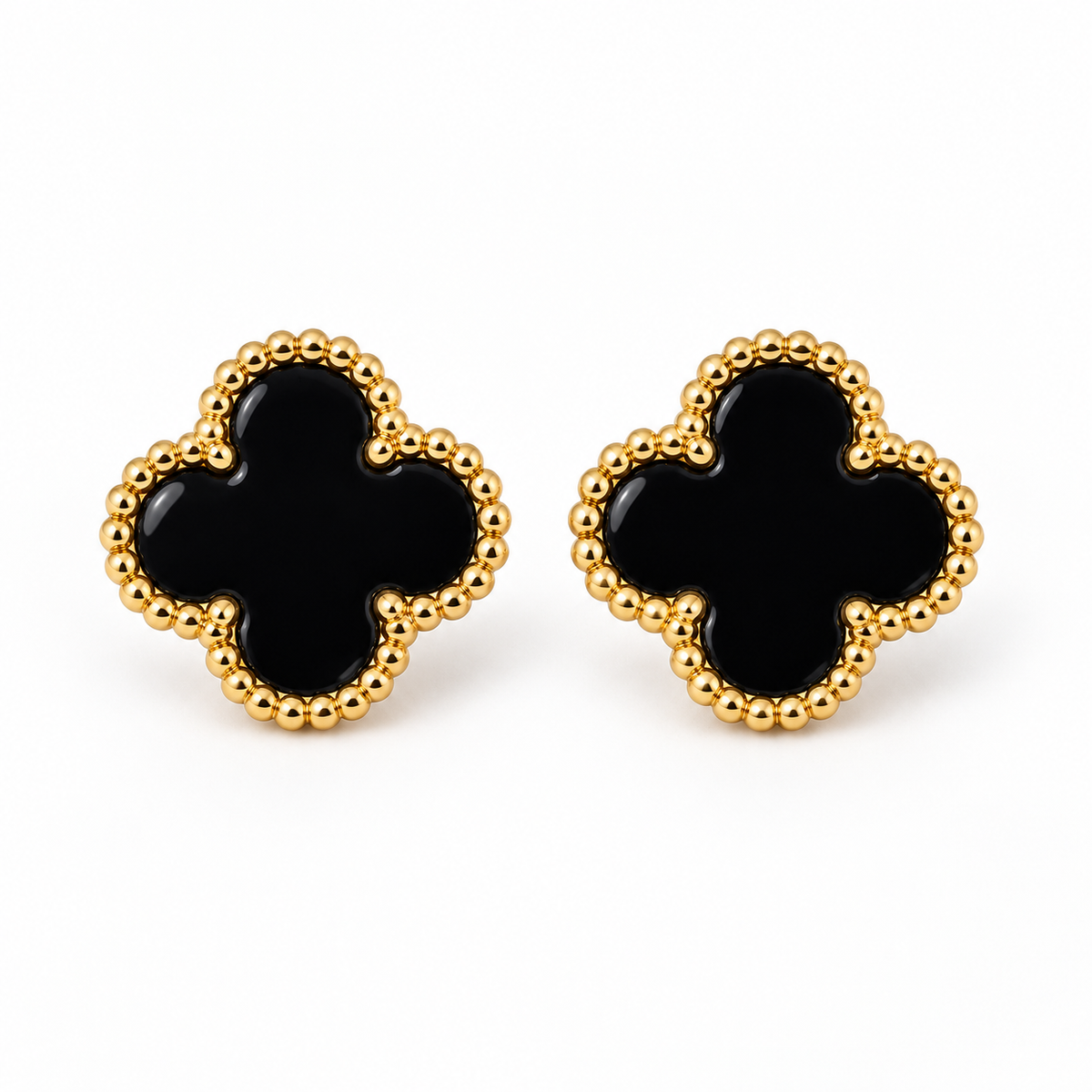 Pair of glossy black stainless steel clover stud earrings with gold-tone beaded borders