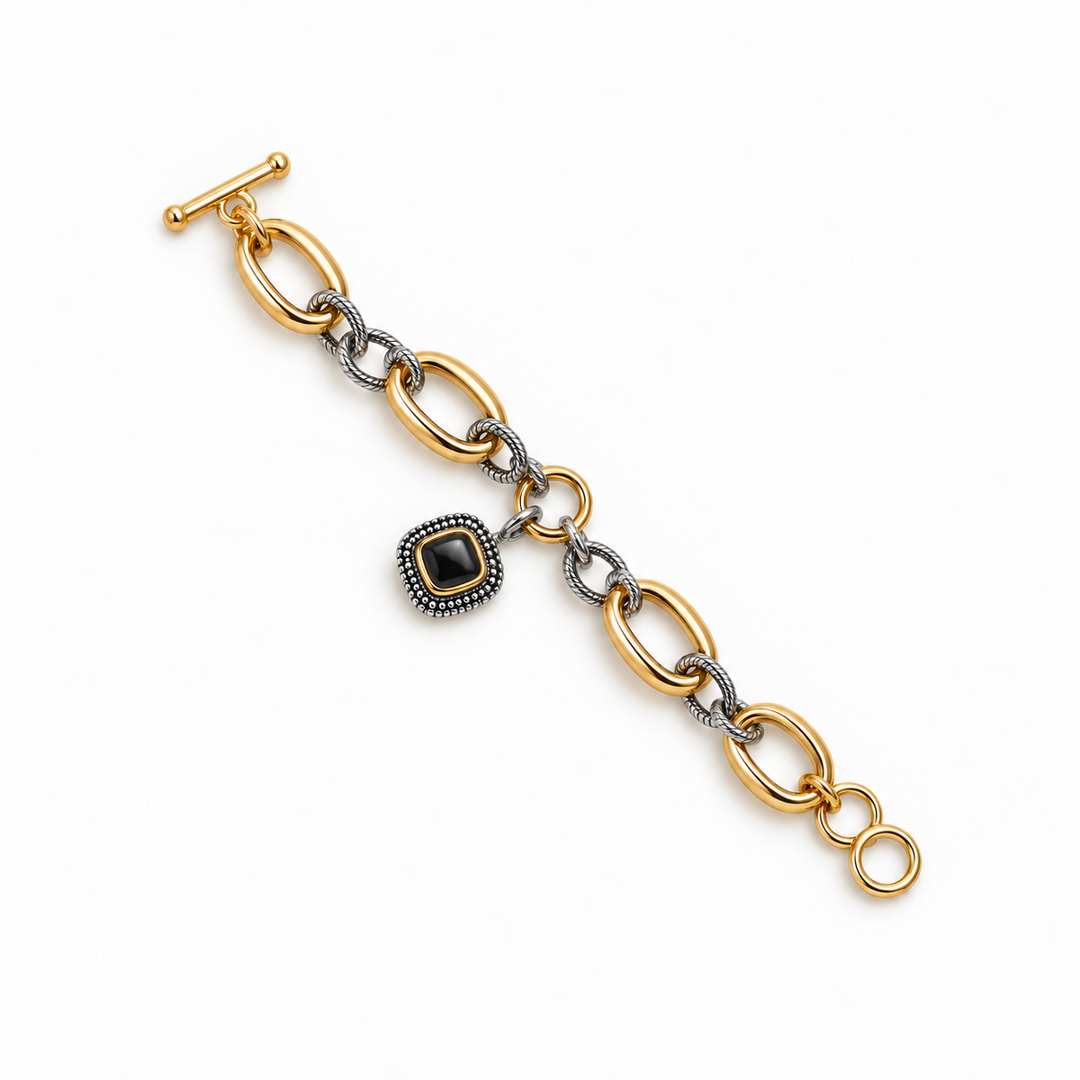 Black square charm two-tone bracelet laid flat