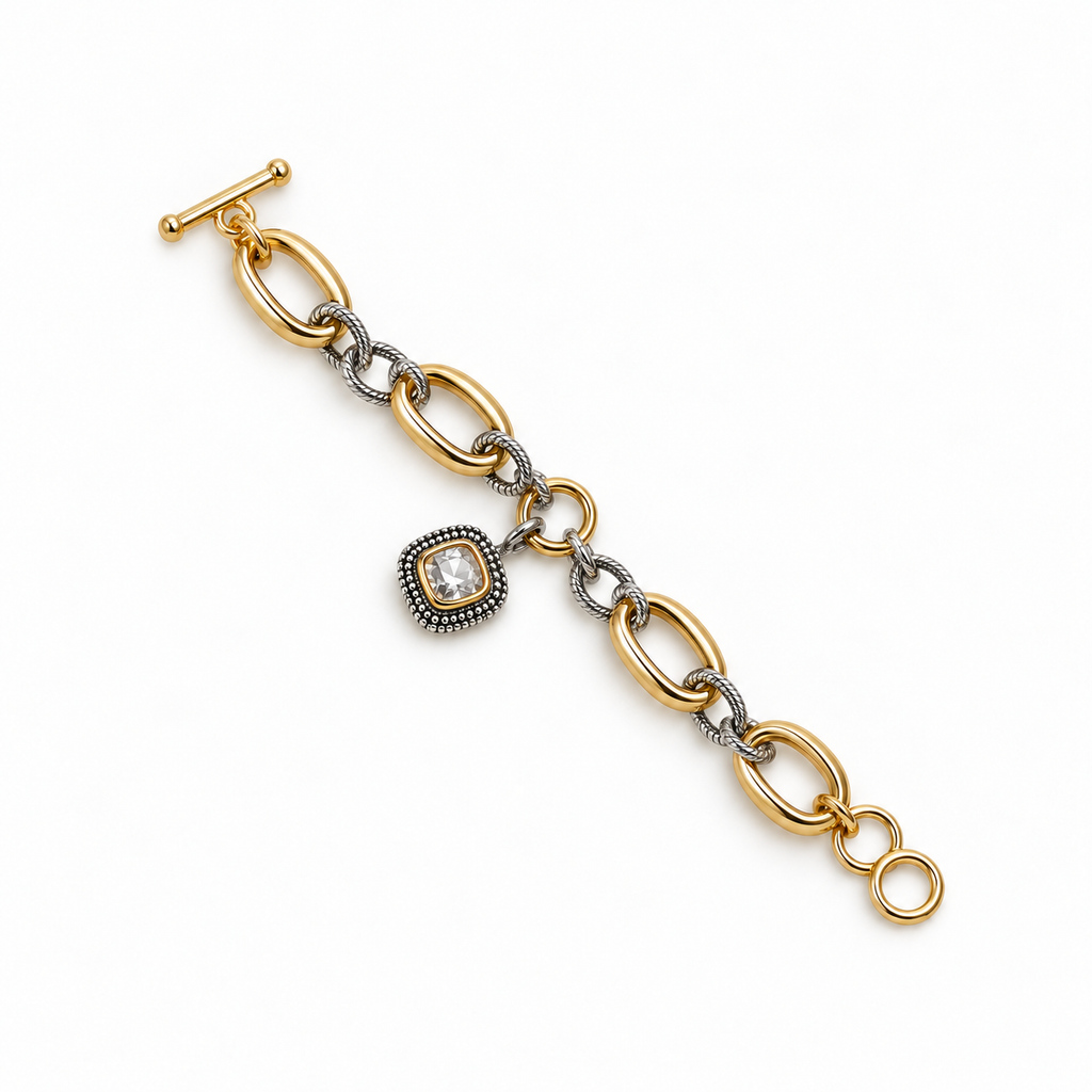 Clear square charm two-tone bracelet laid flat