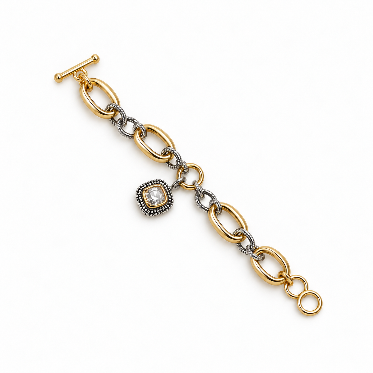Clear square charm two-tone bracelet laid flat