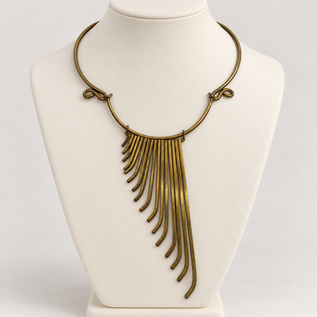 Vintage abstract brass fringe necklace, bust display