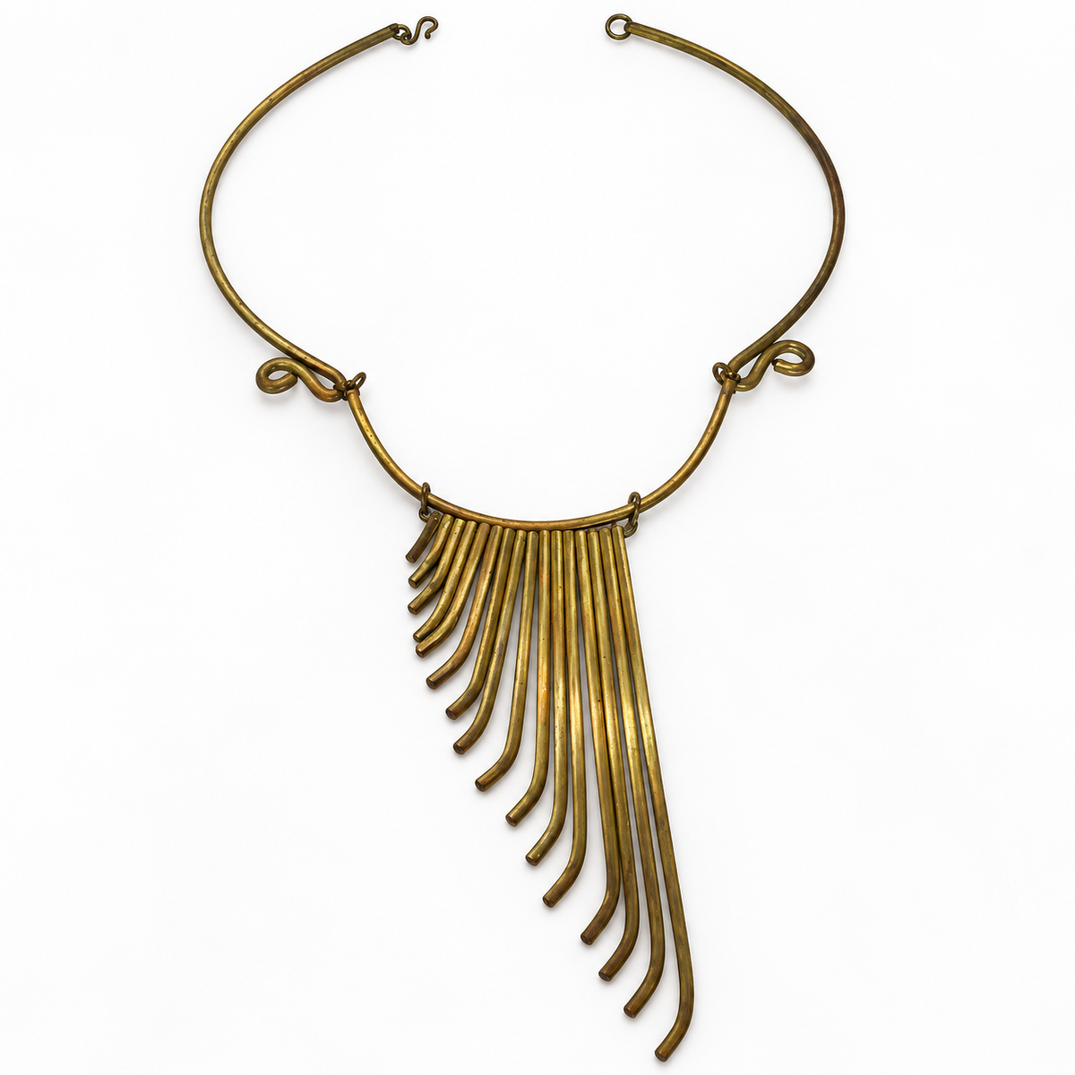 Vintage abstract brass fringe necklace, flat view showing hook closure