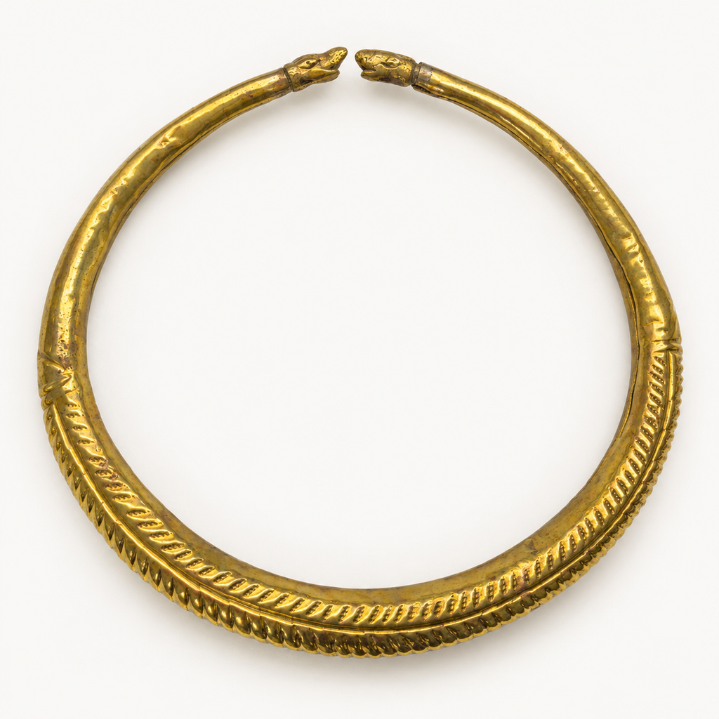 Vintage brass elephant collar necklace — flat view showing engraved arc