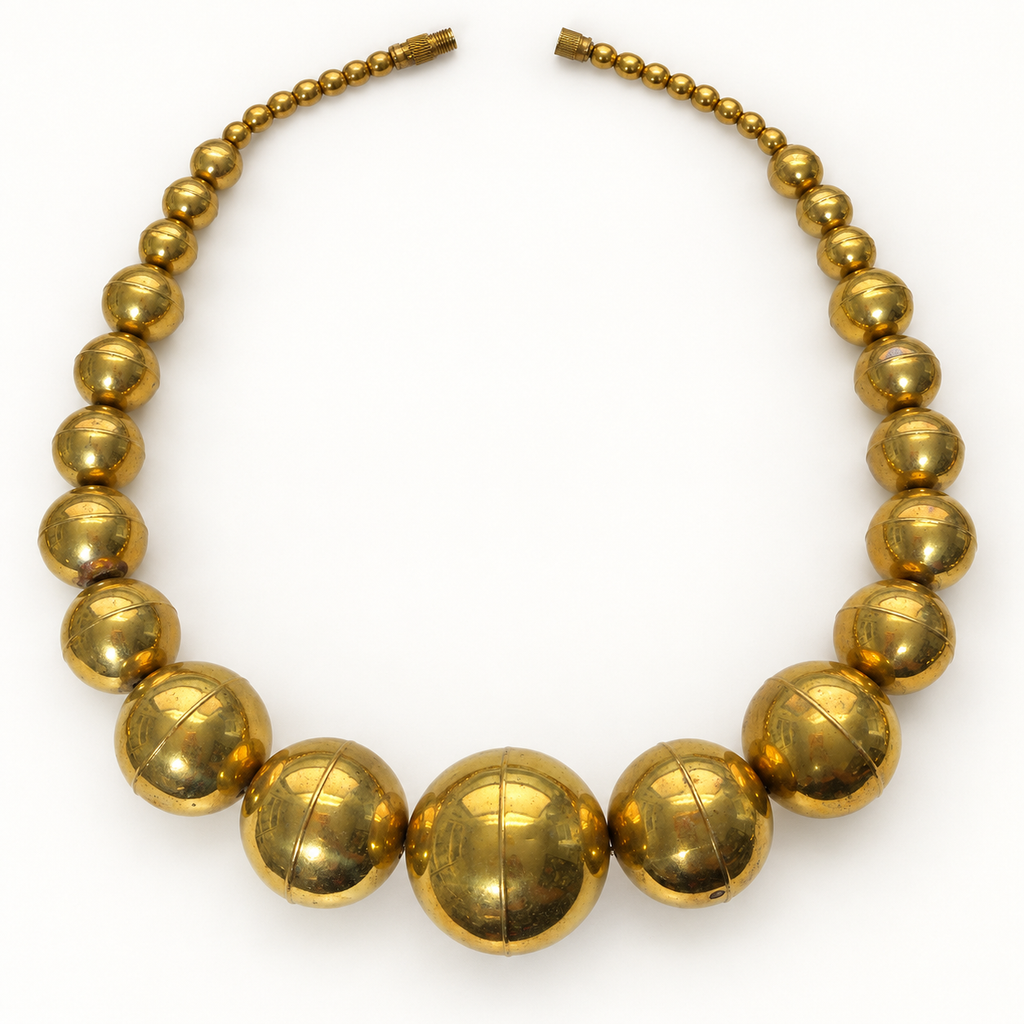 Vintage graduated brass ball necklace — flat with screw-lock clasp open