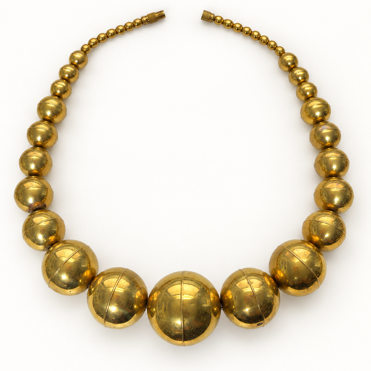 Vintage graduated brass ball necklace — flat with screw-lock clasp open