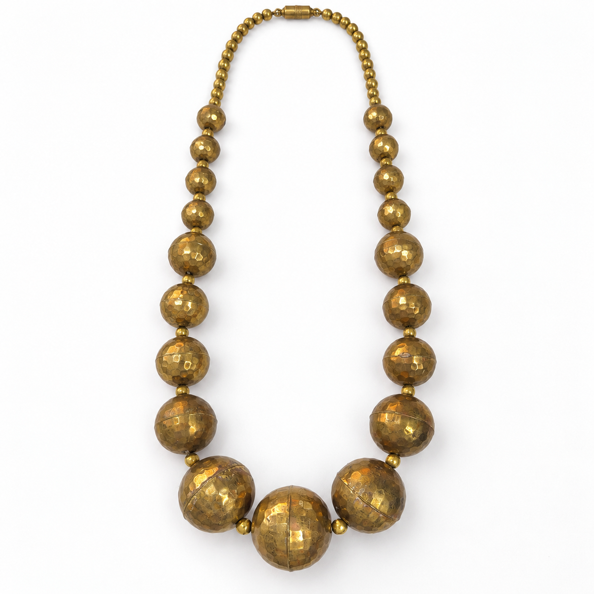 Vintage hammered brass ball necklace, flat view