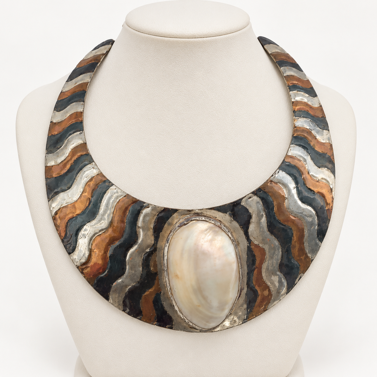 Vintage brass copper mother-of-pearl bib necklace — on display bust
