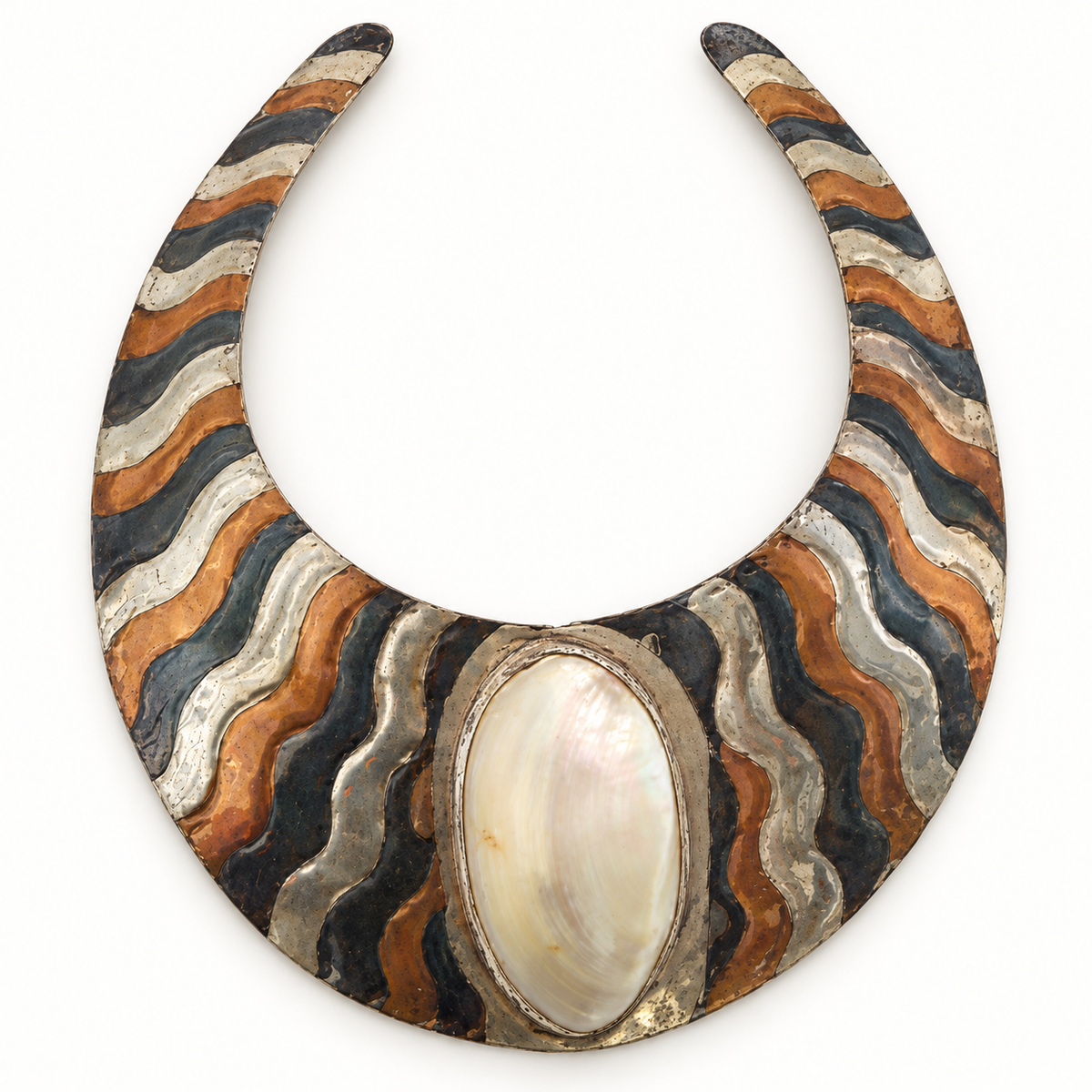 Vintage brass copper mother-of-pearl bib necklace — front flat lay