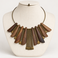 Vintage wood and brass fringe bib necklace, bust display