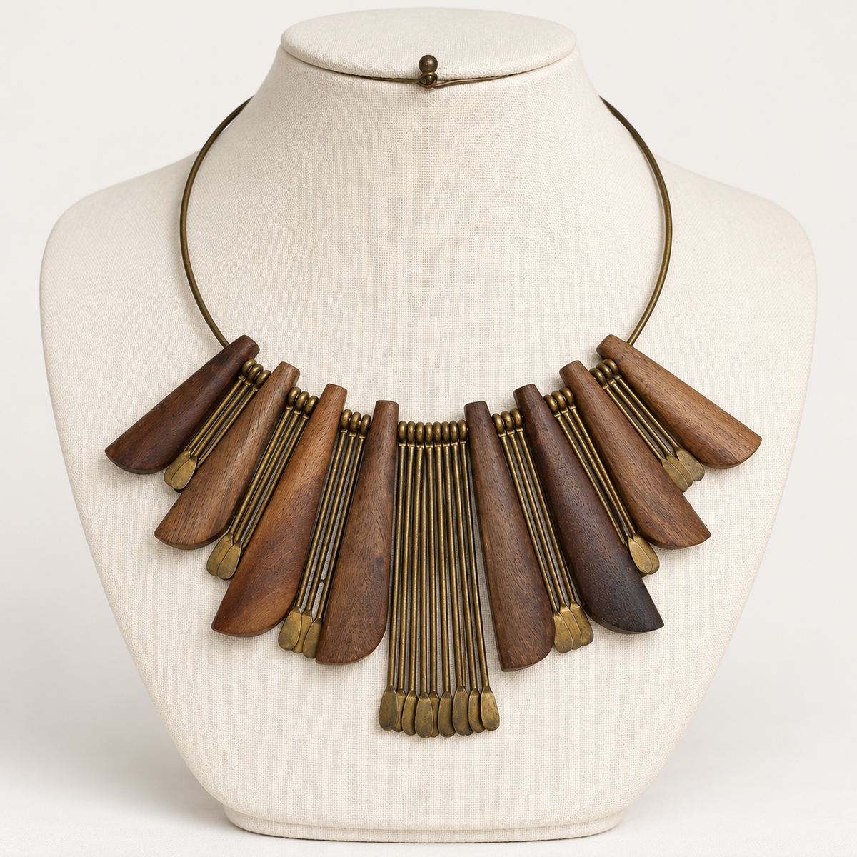 Vintage wood and brass fringe bib necklace, bust display
