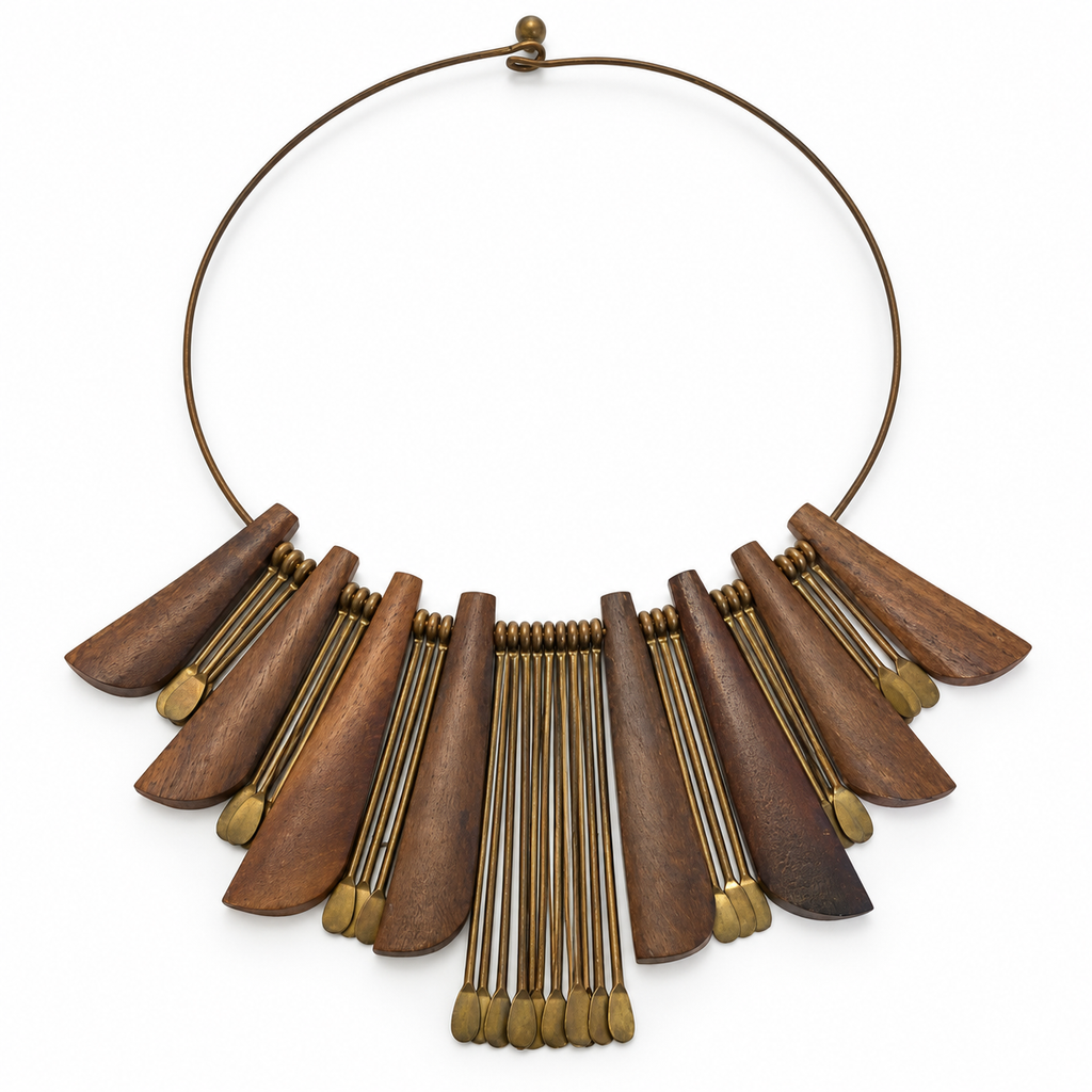 Vintage wood and brass fringe bib necklace, flat view