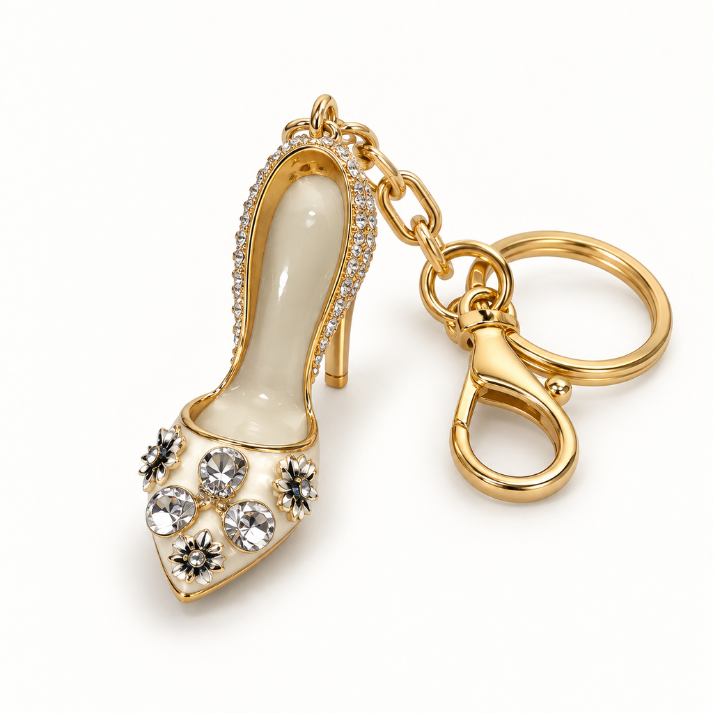 White jeweled high heel purse charm keychain, front view